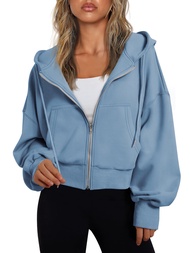 Trendy Queen Hoodies for Women Full Zip Up Cropped Sweatshirts Jackets Casual Comfy Gym Tops Fall Ou