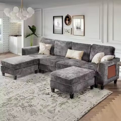 118" U-Shaped Sectional Couch, 4-Seat Modular Sofa with 2 Ottomans and Foldable Side Table, Grey for