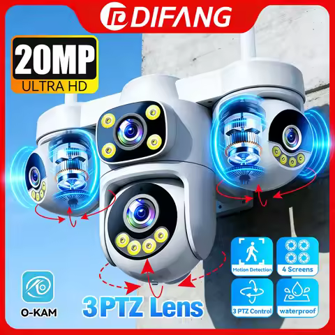 DIFANG New 20MP WiFi Home Surveillance Camera 4 Lens 4 Screen 6 Motor 3 PTZ 5X Zoom Wireless Securit