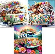 Zythron 3 Pack Diamond Art Kits for Adults Cartoon Flowers Bus Cow Diamond Painting Kits for Adults 