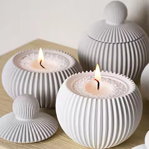 Striped Round Ball Storage Jar Silicone Mold Set DIY Handmade Scented Plaster Candle Cup Concrete Cr