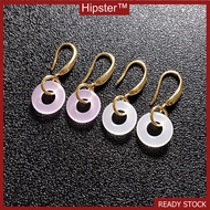 Hipster light luxury round white jade hibiscus stone powder yuping buckle ear hook