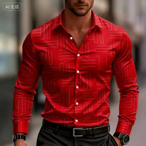 Men's Business Casual Checkered Long Sleeve Shirt Street Fashion 8-Color Printed Collar Button up Hi