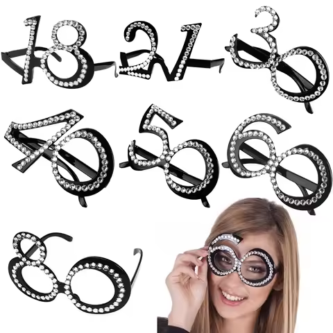 Birthday Number Rhinestone Glasses 18th 21th 30th 40th 50th 60th 80th Birthday Party Sunglasses Cele