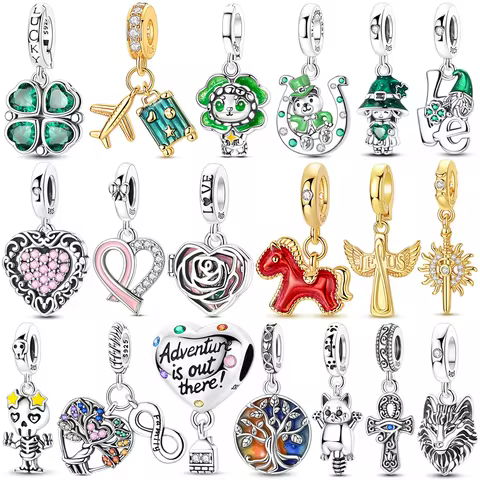 Four-leaf Clover Charms Bead 925 Sterling Silver CZ Zircon Airplane Luggage Heart Rose Pendant Fit O