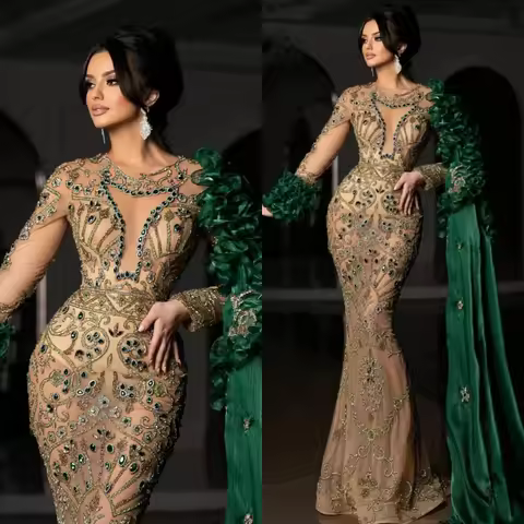Exquisite Evening Dresses Crystal See Through Prom Dress Beaded Long Sleeves Customized Mermaid Part