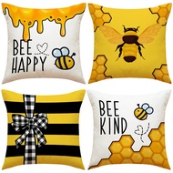 Yellow Geometry Bee "Be Happy" Pattern Pillow Case 40x40/45x45/50x50cm Linen Cushion Cover Home Deco