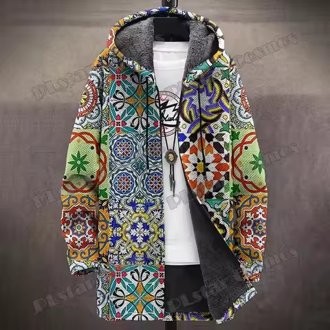 Men's Winter Fashion Long Hooded Coat Vintage Multiple Geometric Floral 3D Printed Plush Thick Long-
