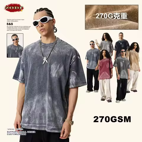 ZODF Vintage Summer Men Washed 270gsm Cotton T-shirt Unisex High Street Oversized Distressed T Shirt