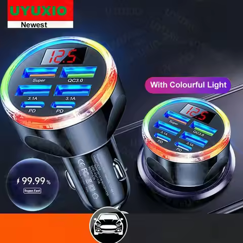 UYUXIO 6 in 1 USB C Car Charger with Volt Meter Multi Port Fast Charge Adapter with Voltage Display 