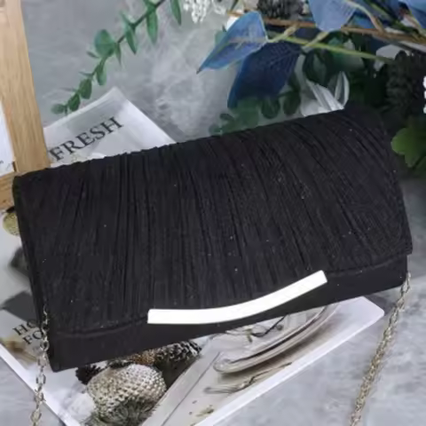 Women'S Clutch Handbag Metallic Crossbody Handbag Metal Chain Evening Bag Elegant Glitter Ruched Bag