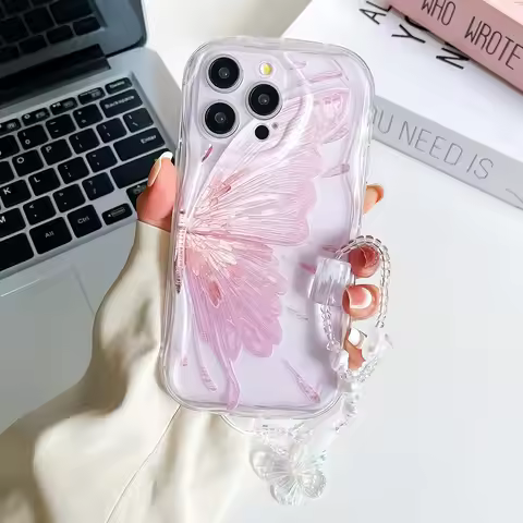 Butterfly Wrist Chain Phone Case For Xiaomi 14T 15T 17 Pro Poco X7 Redmi Note 14 Pro Plus 14C 13 Sof