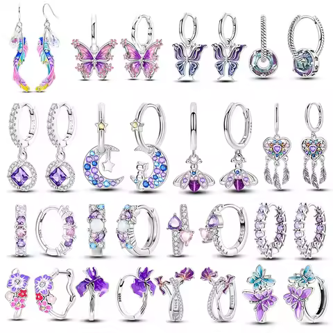 925 Sterling Silver Purple Series Feather Butterfly Dream Catcher Firefly Zircon Earrings for Women