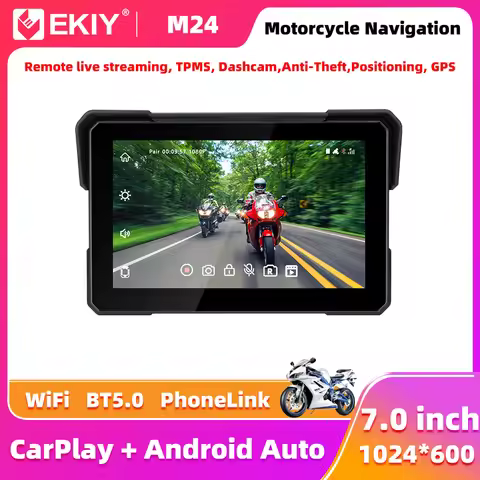 EKIY 7" Remote Live Streaming GPS Motorcycle Navigation Wireless CarPlay Moto Android Auto Portable 