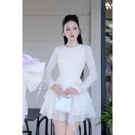 High-quality lace long-sleeved princess dress with flared layered shape and floral waist - luxurious