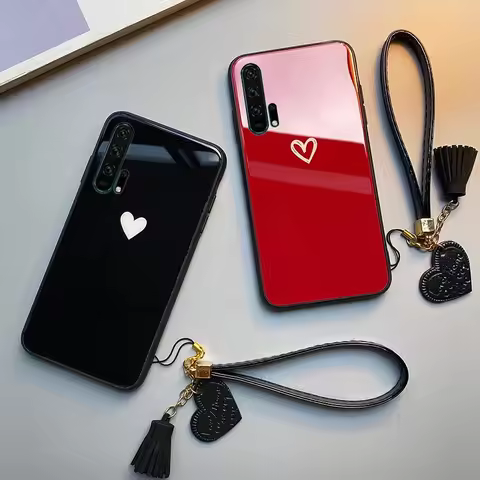 For Huawei P30 Lite P20 P40 Pro Case Free strap Red Black Heart Hard Glass Cover For Huawei P30 Pro 