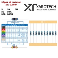 10 pcs of Resistor 1% 0.25W 3, 30, 300, 3K, 30K, 300K, 3M ohm 1/4 0.25 Watt Metal Film Resistance Pe