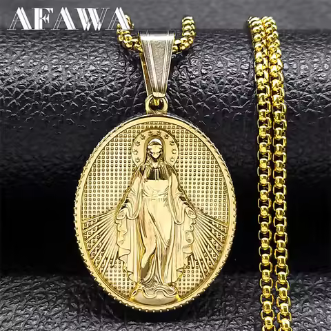 Catholic Virgin Mary Medal Pendant Necklace for Women Men Stainless Steel Gold Color Our Lady Holy J