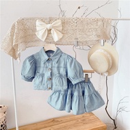 [363338] - Setelan Blouse Lengan Balon Rok Pendek Denim Anak Perempuan