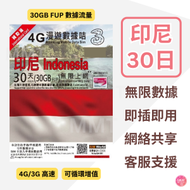 3香港 - 印尼【30日 30GB FUP】4G高速 無限上網漫遊數據卡 旅行電話卡 Data Sim咭
