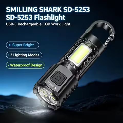 SMILING SHARK COB LED Super Bright Flashlight USB‑C Rechargeable 3‑Gears Torch for Outdoor Camping H