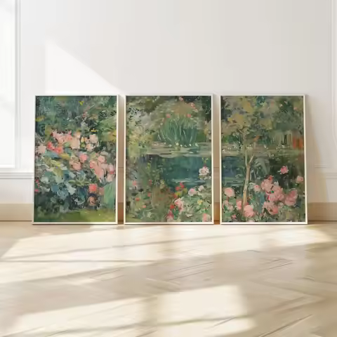 3 Frameless Frameless Garden Pond Oil Painting Prints,Traditional Art,Retro Abstract Triptych,Living
