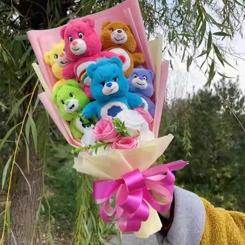 Genuine Care Bears Soft Plush Dolls Keychains With Flowers Creative Handmade Bouquets Christmas Birt