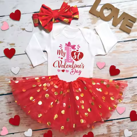 My First Valentine's Day Printed Baby Bodysuit Dress Set Infant Valentine Party Girls Romper Tutu Dr