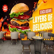 Custom Burger Fast Food Restaurant Industrial DecorWall Paper 3D Bbq Grill Fire Food  Mural Snack Ba