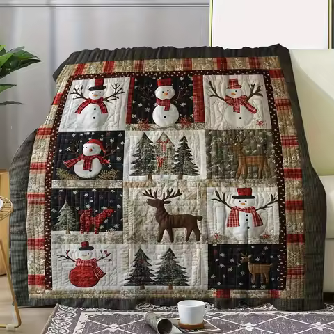 Multicolor Cozy Christmas Flannel Quilt Throw Soft Warm All-Season Bedspread Snowman Reindeer Plaid 