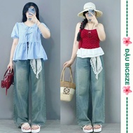 Women's big size wide leg jeans, 9 inches long, high waisted, soft non-elastic material, suitable fo