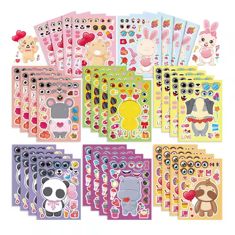 8/16Sheets Make a Face Valentine's Day Kawaii Animals Stickers DIY Panda Rabbit Bear Decals Kids Ass
