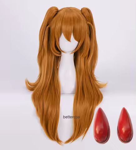 High Quality EVA Asuka Langley Soryu Cosplay Wigs Long Orange With 2 Ponytail Clips Heat Resistant S