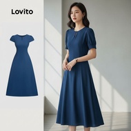 Lovito Dress Elegan Garis Lipit Butang Biru Laut Wanita Musim Bunga/Panas L138ED333