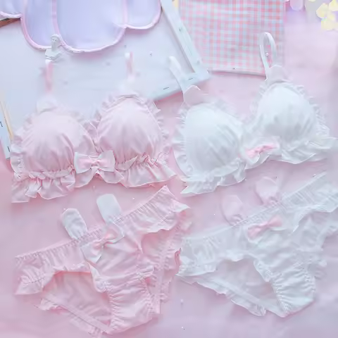 Kawaii Lolita Bra and Panty Set White Lingerie Cute Japanese Milk Silk Bra & Panties Set Wirefree So