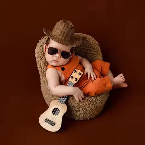 0-1 Month Newborn Photography Props Outfit Hat + Suspender Trousers Cool Western Cowboy Costume Glas