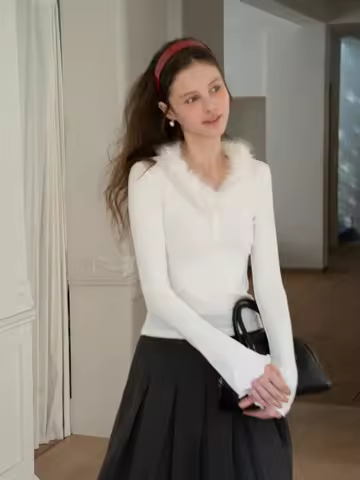 Ele White V-ne Long Sve T-irt Bell Sve Slim Fit Faionable Top by EGGKA Comfortable Polyester Blend H