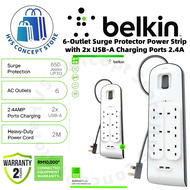 BELKIN 6-OUTLET SURGE PROTECTOR POWER STRIP WITH 2x USB-A CHARING PORTS 2.4A (2M)