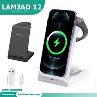 LAMJAD12 3 in 1 Wireless Charger สถานีชาร์จแบบพับได้สำหรับ iPhone 14/13/12 Pro/Pro Max/11/11/X/XR/8/SE, Samsung, Air Pods 3/2/1/pro, Apple iWatch Series และ Qi โทรศัพท์ที่ผ่านการรับรอง