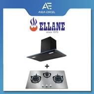 ELLANE EH-2690 90CM BLACK DESIGNER CHIMNEY HOOD + ELLANE ES-838SV 86CM 3 BURNER STAINLESS STEEL GAS 