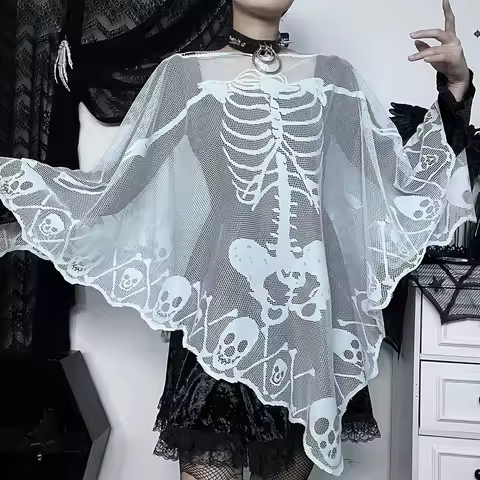 Skeleton Lace Poncho Skull Bones Halloween Cape Costume for Women Goth Shawl Wrap Poncho