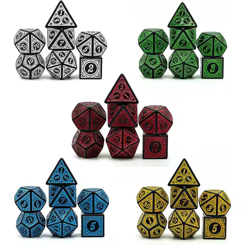 DND Game Polyhedral Dice Set with Textures Pattern 7pcs of D4 D6 D8 D10 D% D12 D20 for RPG Board Gam