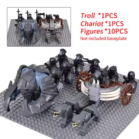 MOC Lotr Warfare Brick Kit, Troll Monster, Wolf Pulled Chariot, 10 Soldier Figures, DIY Assembly Mod