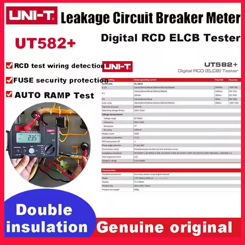 UNI-T UT582+ Digital RCD (ELCB) Tester AUTO RAMP Leakage Circuit Breaker Meter with Mis-Operation Bu