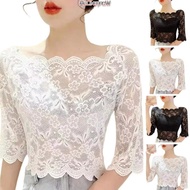 ALLINERROWL4 Women Cropped Tops, See-through Embroidery Half Sleeve Blouse, Elegant One-word Collar 