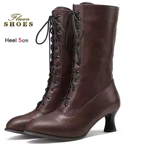 Brown Women's Knight Boots Front Cross Lace Up Punk Boots Pointed Toe Mid Heels Female Boots Chunky 