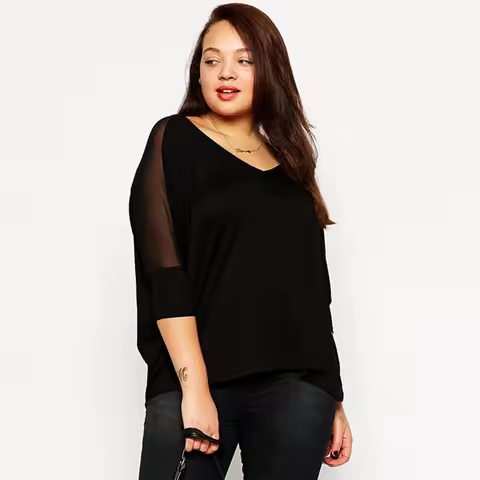 Plus Size Summer Elegant Loose Blouse Women 3/4 Batwing Sleeve Mesh Panel Black Loose Oversize Top L
