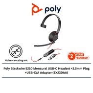 Poly Blackwire 5210 Monaural USB-C Headset +3.5mm Plug +USB-C/A Adapter (8X230AA)