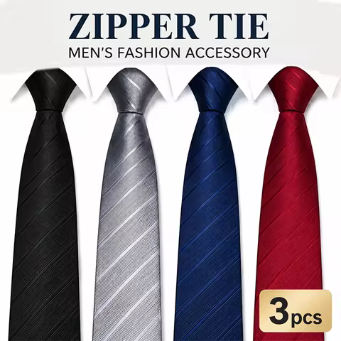 3Pcs Men's Zip Tie 8cm (3.15inch) Wide Striped Polyester Tie in Black, Red, Blue, White and Multiple