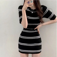 Toply shop Mini Dress korean style short sleeve lavina knitted dress Striped knit dress/